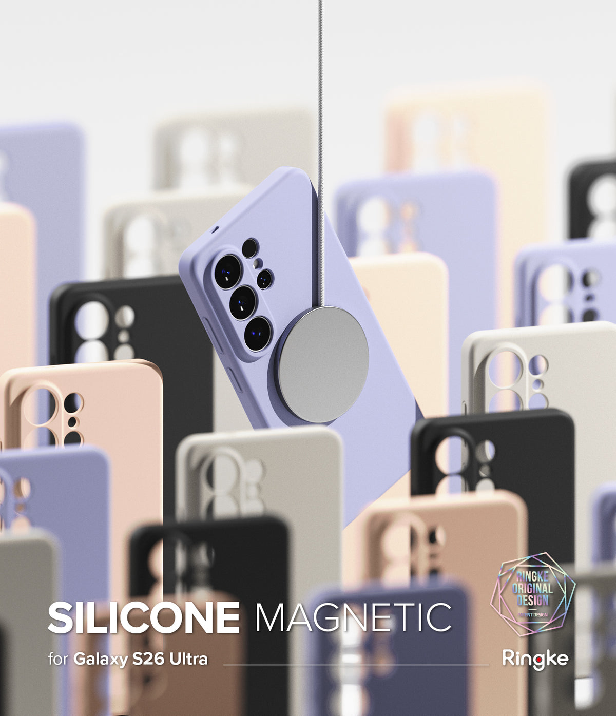 [Bundle] Galaxy S26 Ultra | Silicone Magnetic - A lavender magnetic phone case suspended among various colored cases.
