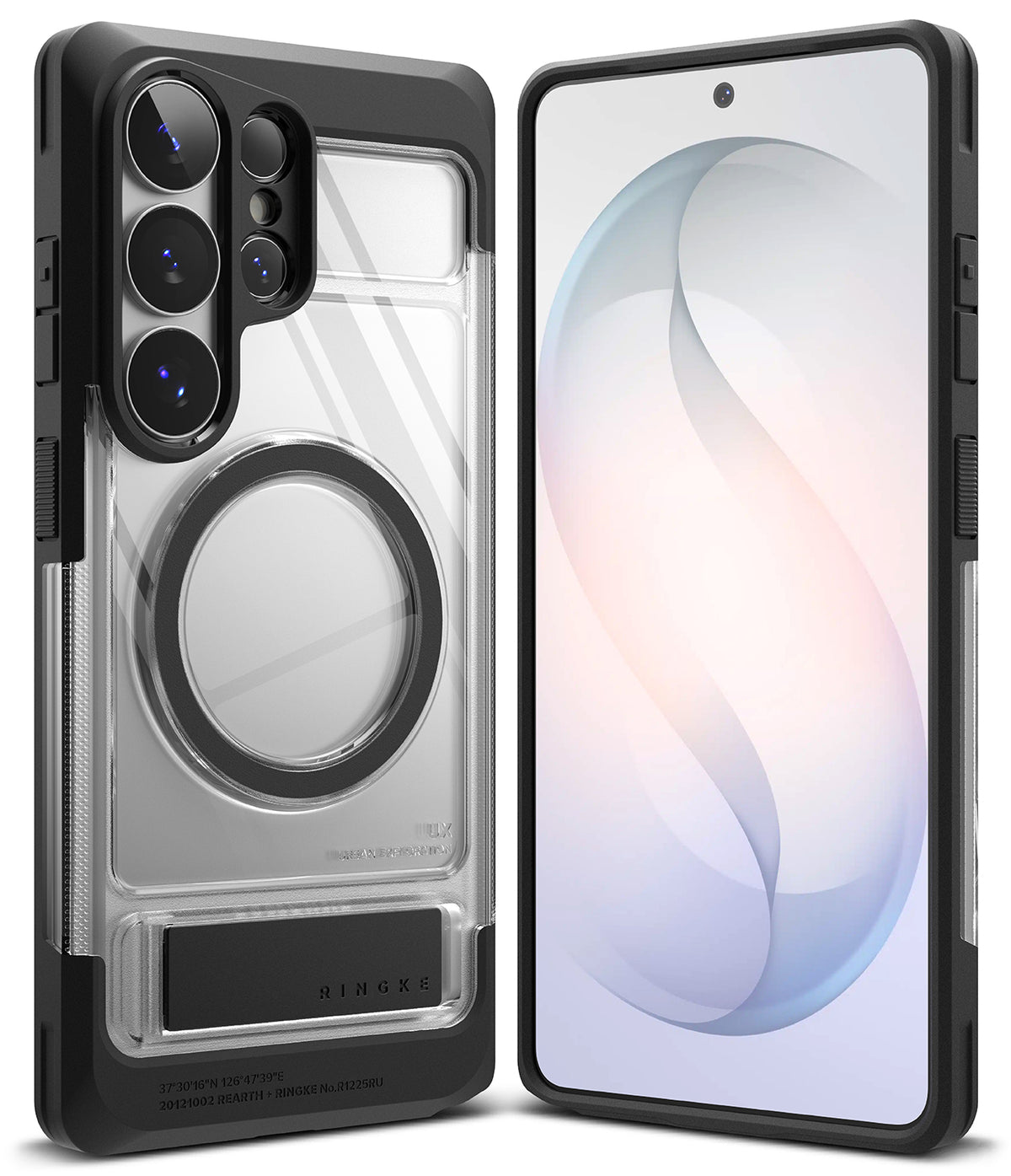 Galaxy S26 Ultra Case | UX Magnetic - Clear phone case with black magnetic ring, kickstand, and rugged frame.