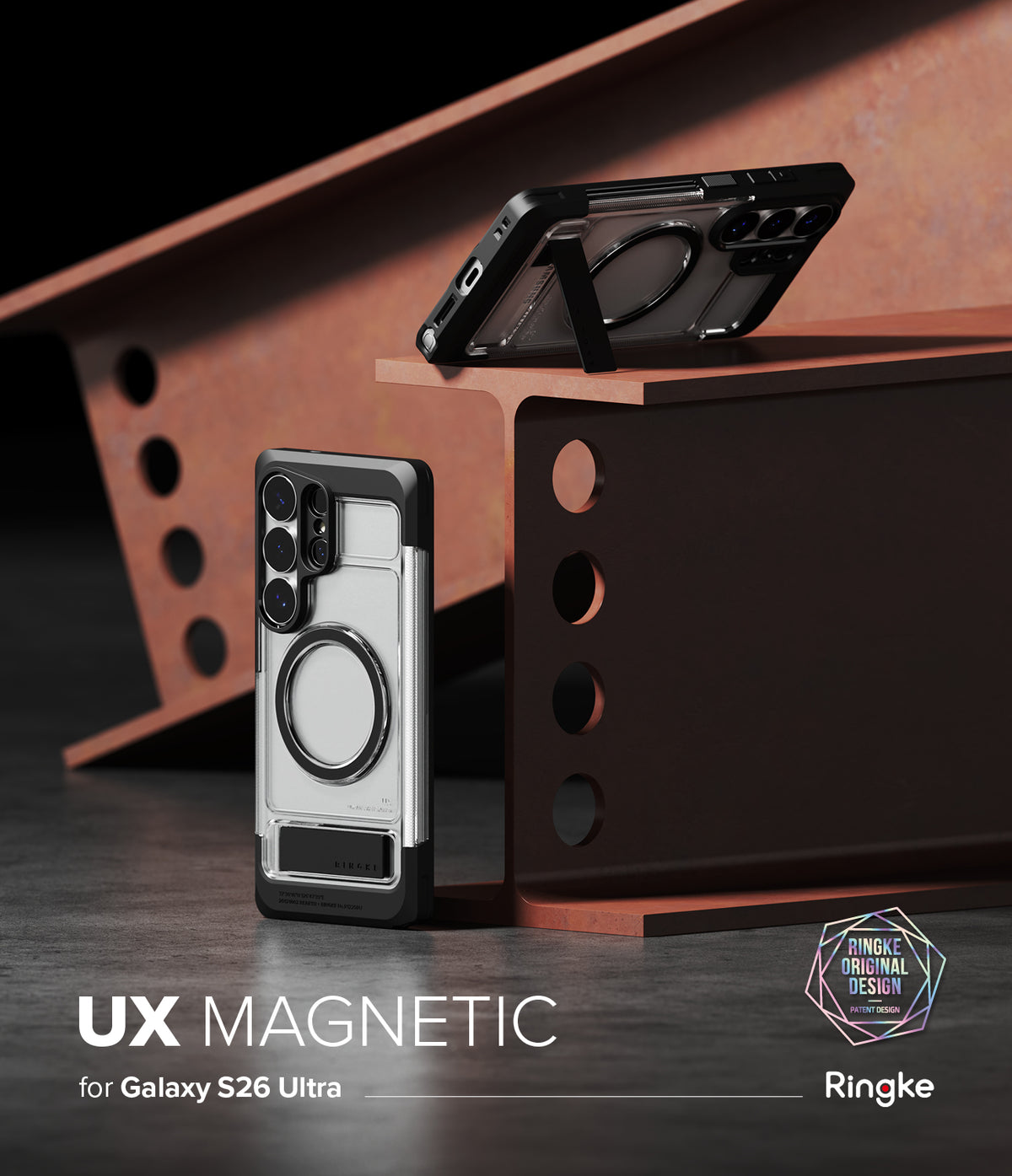 [Bundle] Galaxy S26 Ultra | UX Magnetic - Two Galaxy S26 Ultra phones in magnetic cases with kickstands resting on a steel beam.