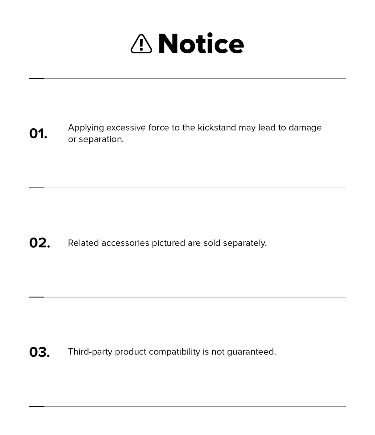 Galaxy S26 Ultra Case | UX Magnetic - A notice list warning about kickstand force, accessory sales, and compatibility.