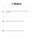 Galaxy S26 Ultra Case | UX Magnetic - A notice list warning about kickstand force, accessory sales, and compatibility.