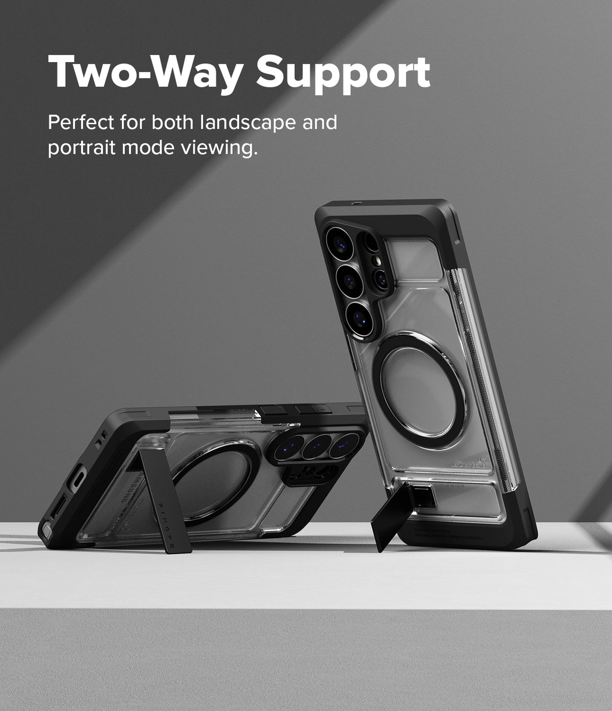 [Bundle] Galaxy S26 Ultra | UX Magnetic - Two Galaxy S26 Ultra cases with magnetic rings and kickstands in portrait and landscape.