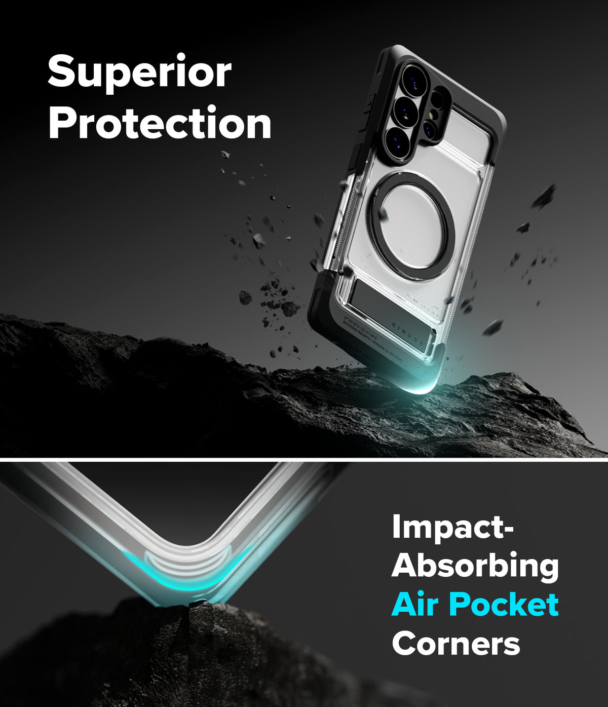 Galaxy S26 Ultra Case | UX Magnetic - Clear magnetic phone case hovering over dark rocks with highlighted air-cushioned corners.