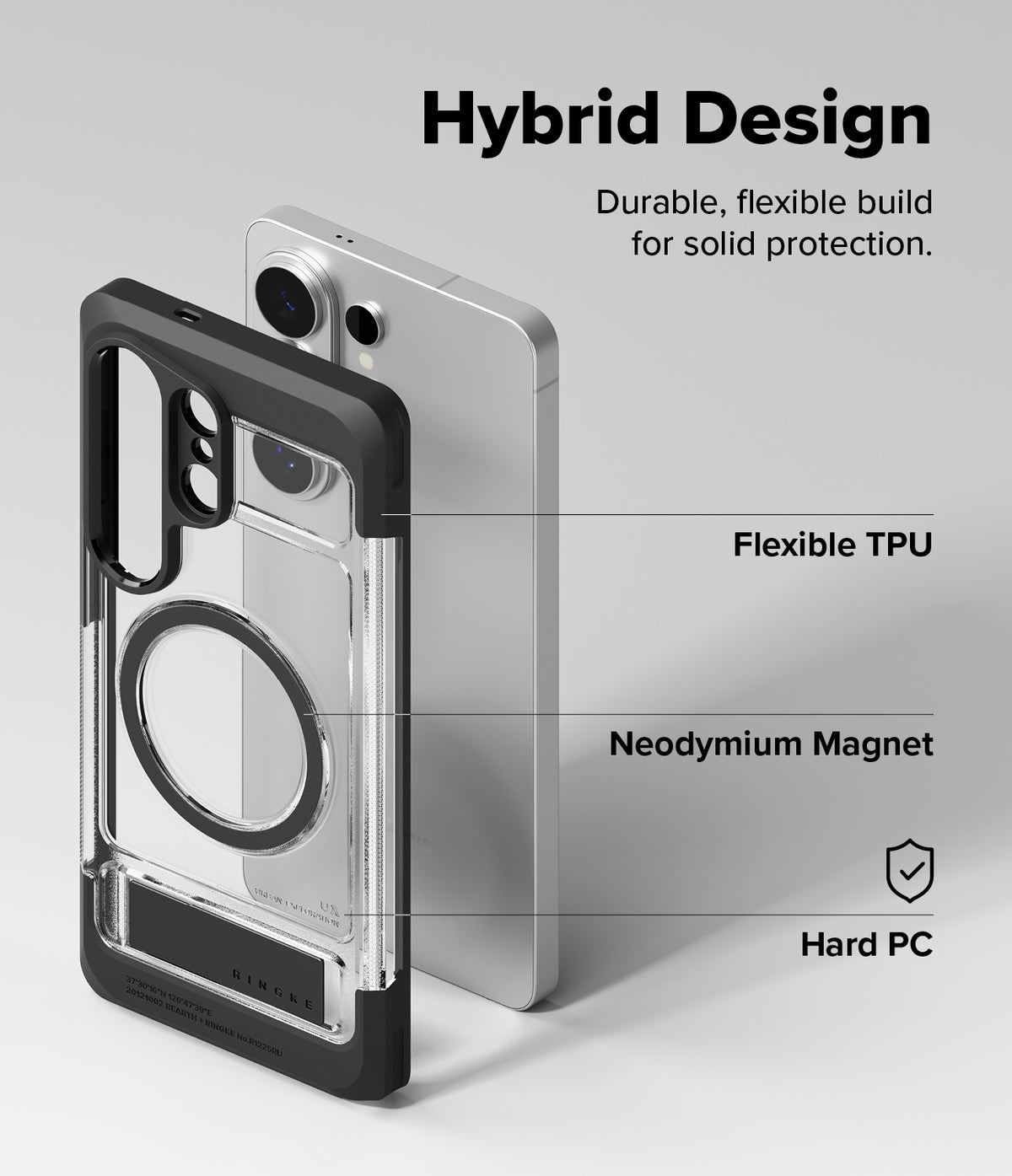 Galaxy S26 Ultra Case | UX Magnetic - Exploded view of a phone case showing TPU, magnet, and hard PC layers.