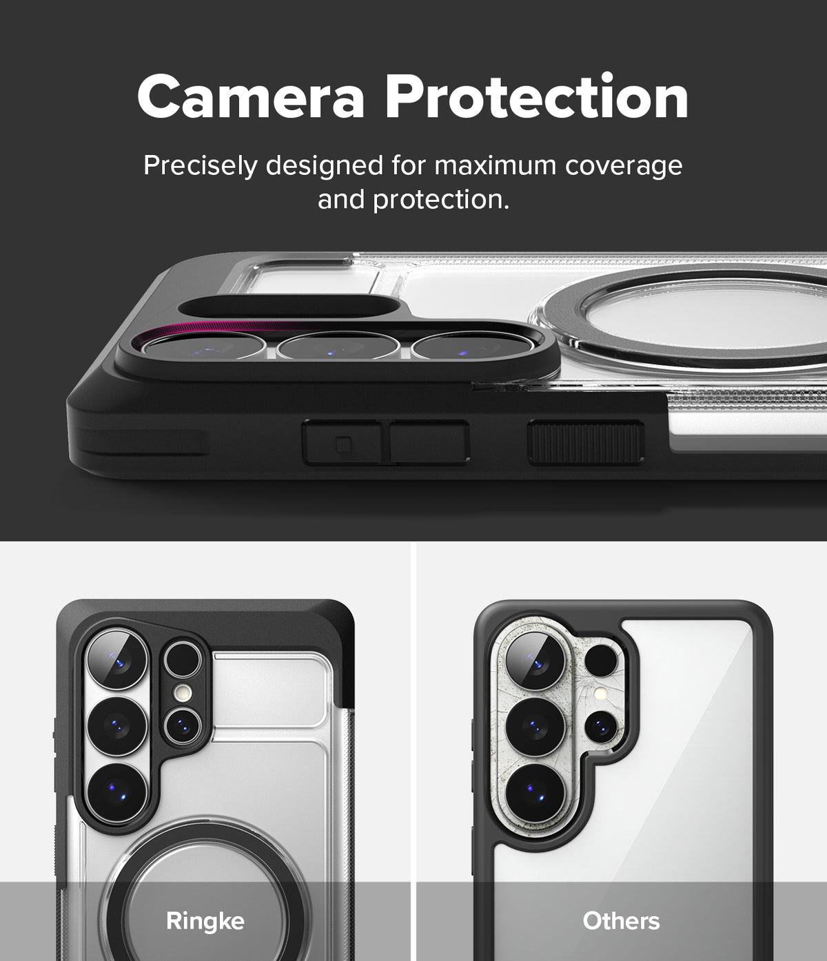 Galaxy S26 Ultra Case | UX Magnetic - Comparison showing Ringke case camera coverage versus a standard case.
