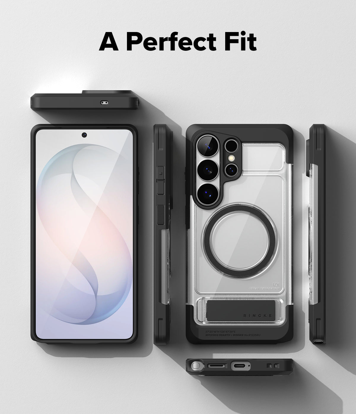 Galaxy S26 Ultra Case | UX Magnetic - Exploded view of a clear phone case with a magnetic ring and black frame.