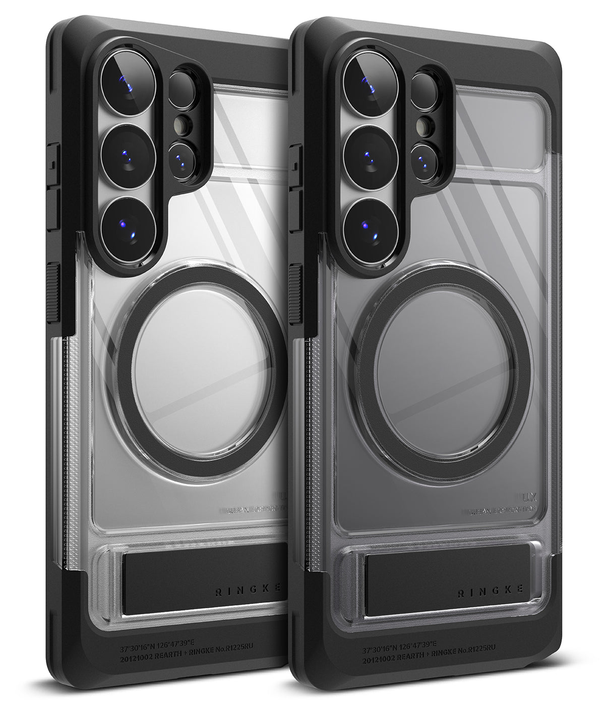 Galaxy S26 Ultra Case | UX Magnetic - Two clear, rugged phone cases with black magnetic rings and kickstands.