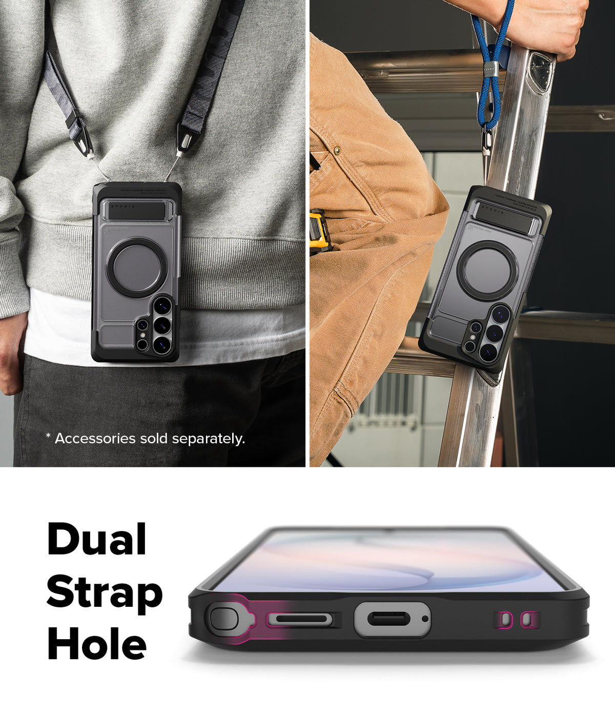 Galaxy S26 Ultra Case | UX Magnetic - Magnetic phone case with dual strap holes shown worn on a lanyard and a ladder.
