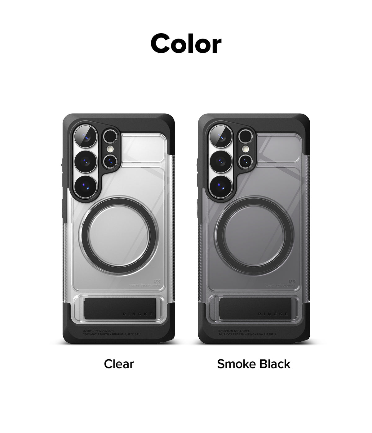 Galaxy S26 Ultra Case | UX Magnetic - Two magnetic phone cases in Clear and Smoke Black with integrated kickstands.