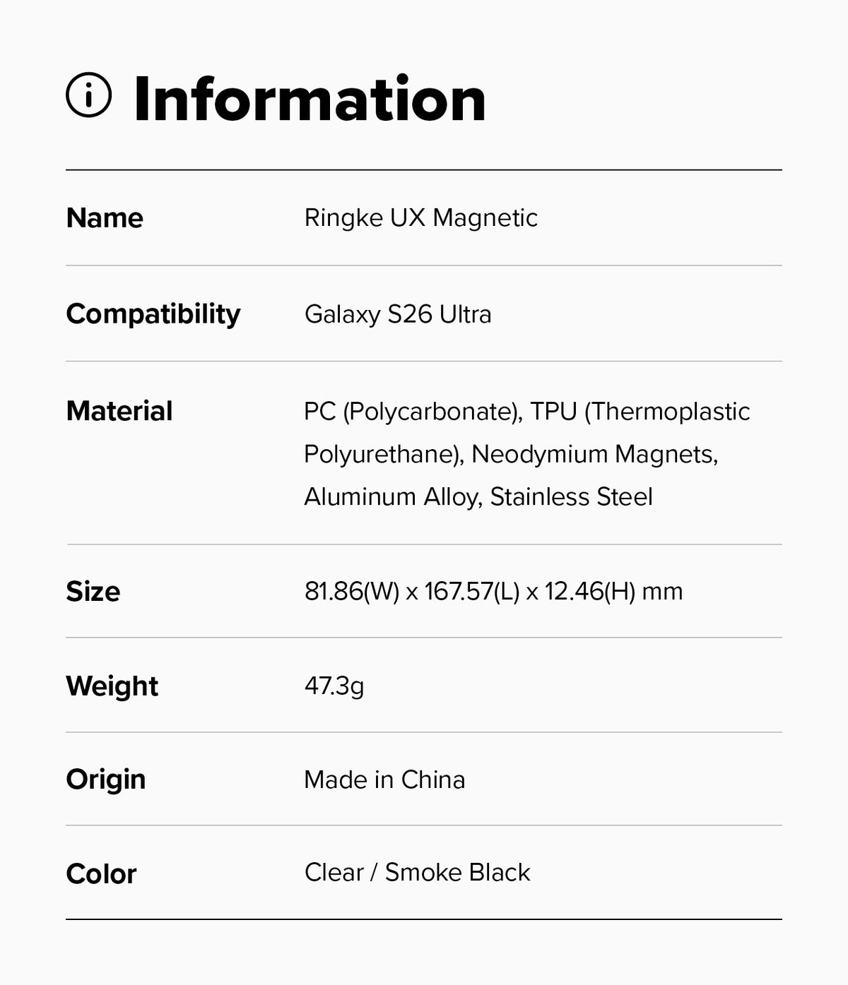 Galaxy S26 Ultra Case | UX Magnetic - Information table listing product name, compatibility, materials, size, weight, and color.