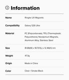 Galaxy S26 Ultra Case | UX Magnetic - Information table listing product name, compatibility, materials, size, weight, and color.