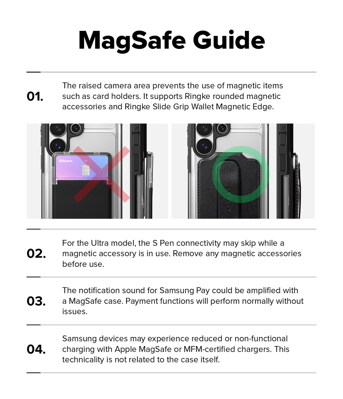 Galaxy S26 Ultra Case | UX Magnetic - Infographic showing MagSafe compatibility tips, accessory usage, and S Pen warnings.