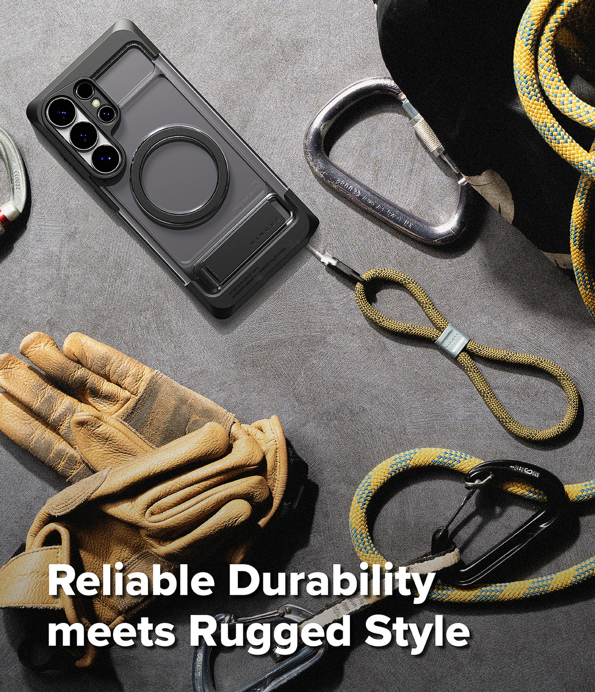 [Bundle] Galaxy S26 Ultra | UX Magnetic - Galaxy S26 Ultra | UX Magnetic - Rugged phone case with magnetic ring and lanyard, surrounded by climbing gear and gloves.