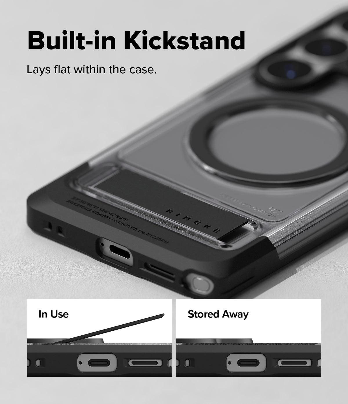 [Bundle] Galaxy S26 Ultra | UX Magnetic - Close-up of a phone case with a built-in kickstand shown in use and stored flat.