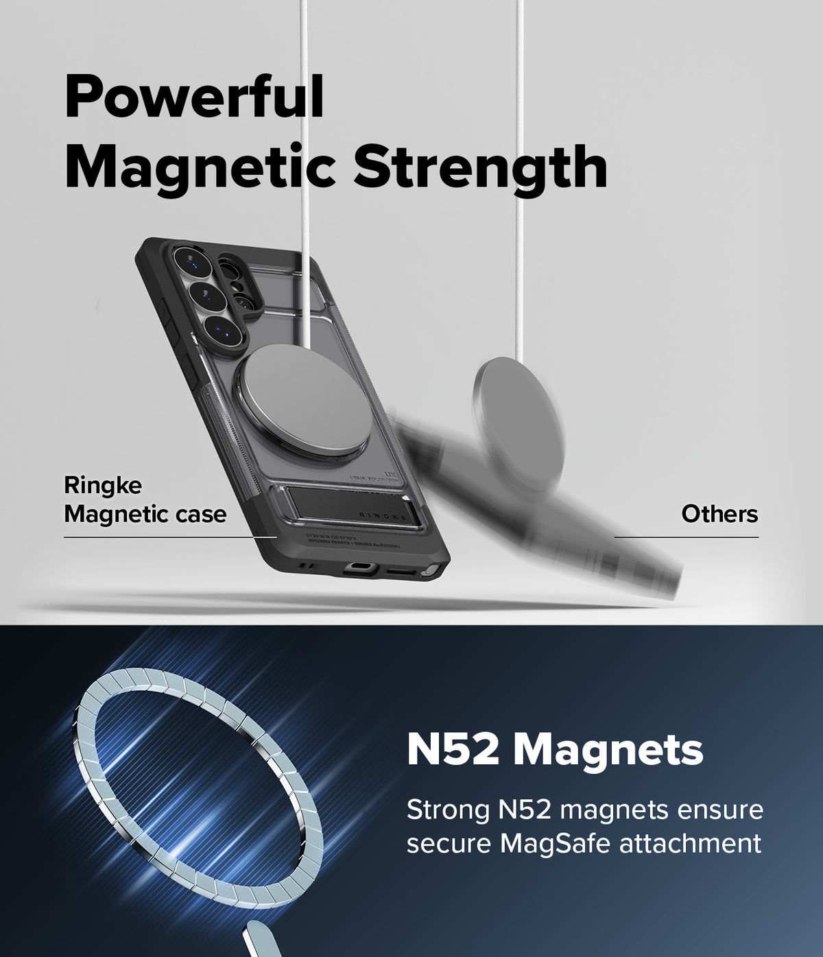 Galaxy S26 Ultra Case | UX Magnetic - A magnetic phone case holding firm while another falls, highlighting N52 magnet strength.
