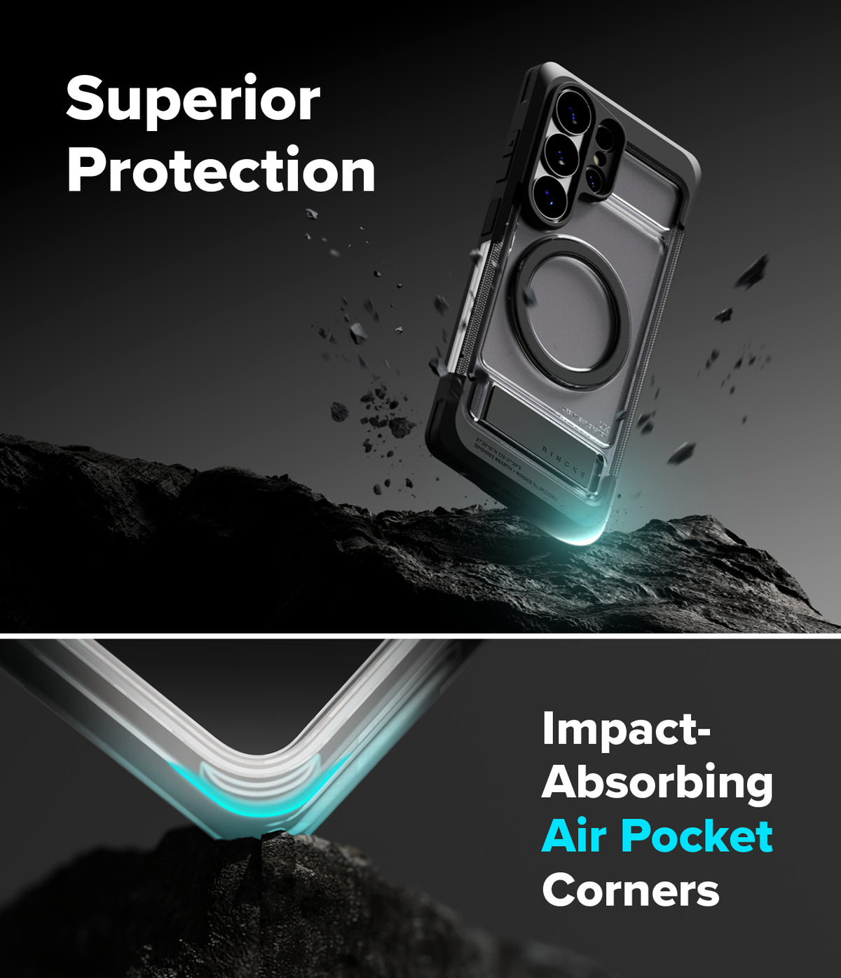 Galaxy S26 Ultra Case | UX Magnetic - Phone case with magnetic ring hovering over rock with air pocket corner detail.