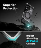 Galaxy S26 Ultra Case | UX Magnetic - Phone case with magnetic ring hovering over rock with air pocket corner detail.