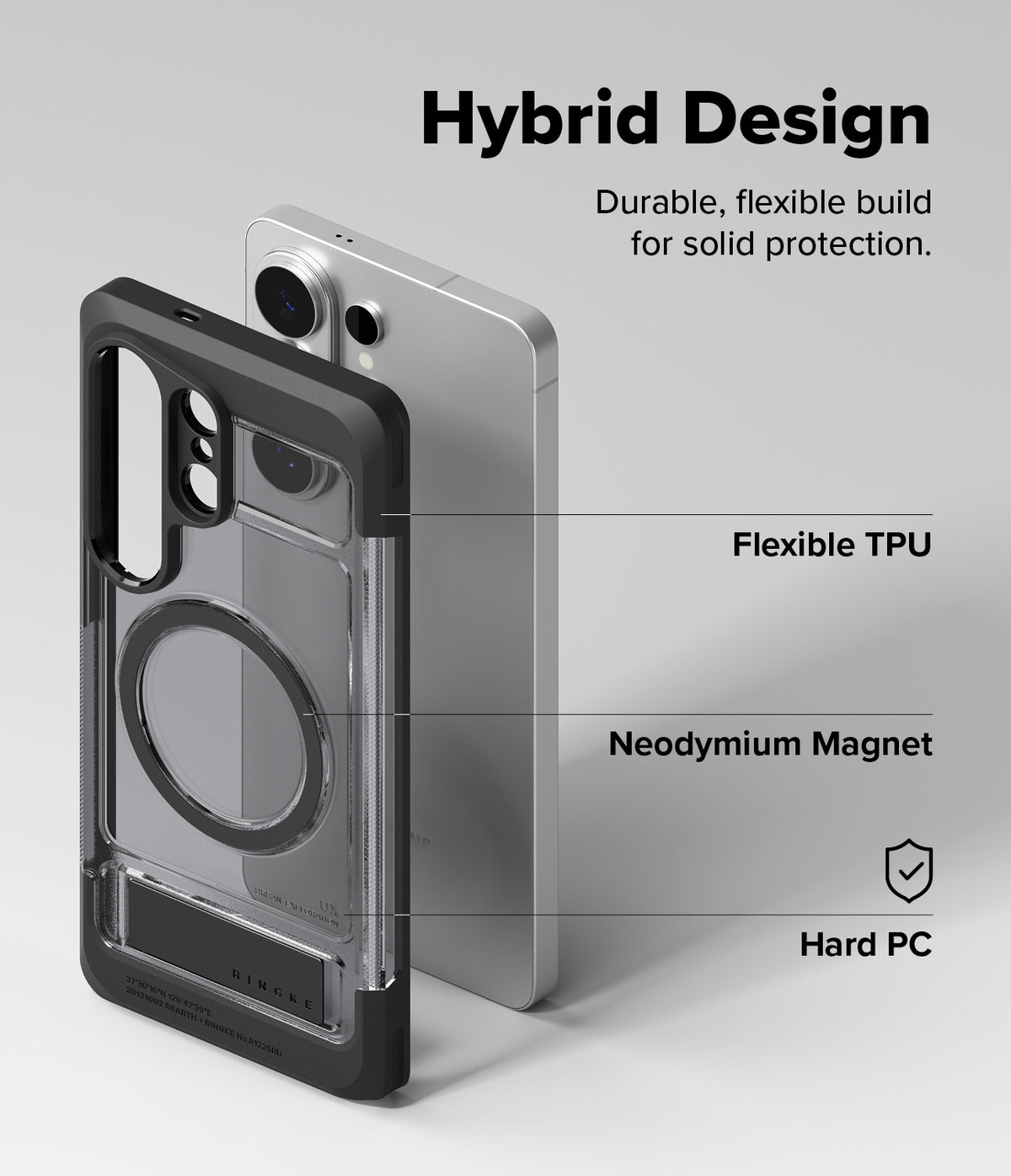 Galaxy S26 Ultra Case | UX Magnetic - Exploded view of a phone case showing TPU, magnet, and PC layers for protection.