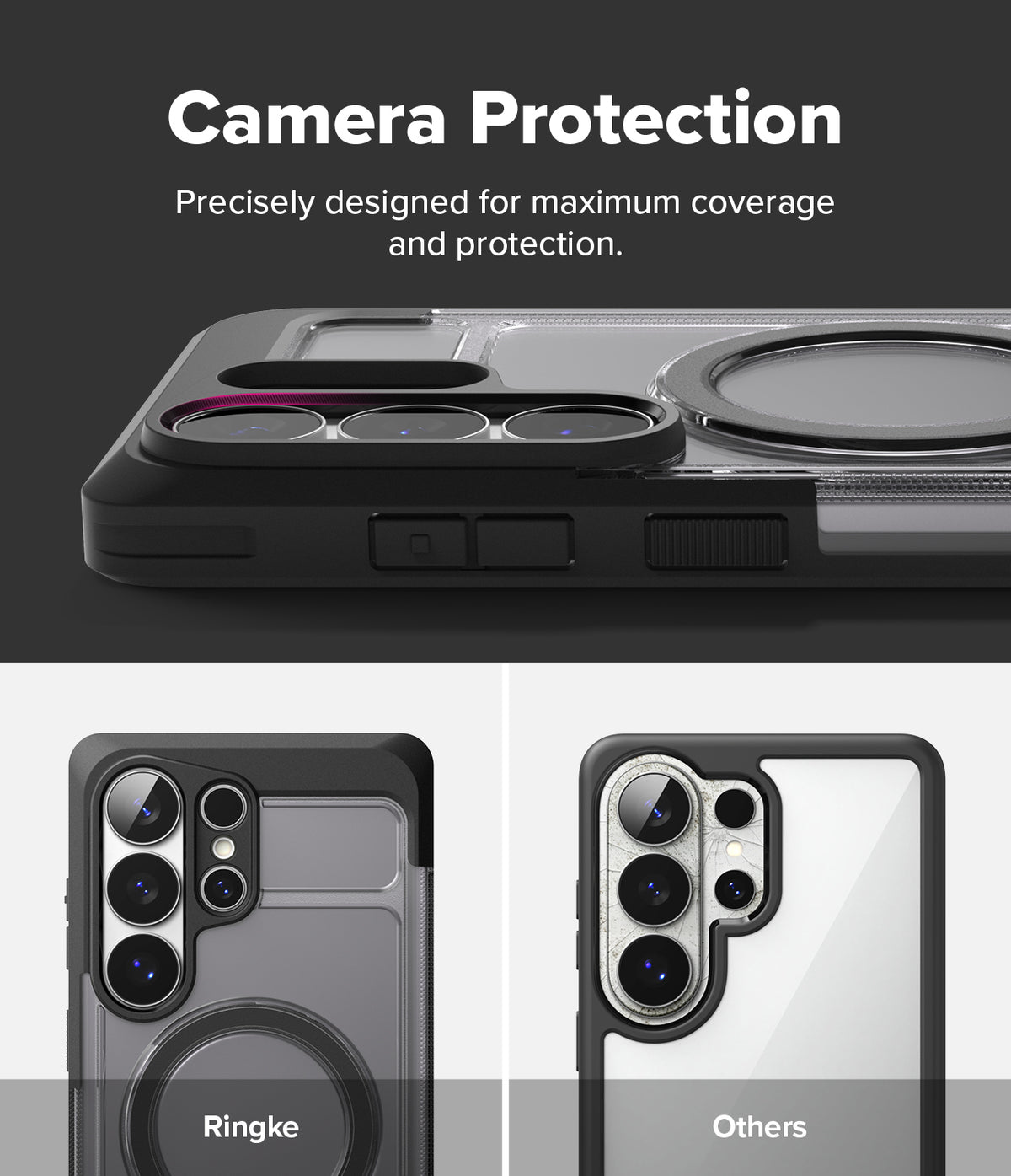 Galaxy S26 Ultra Case | UX Magnetic - Close-up of phone case camera protection comparing Ringke's raised bezel to a standard case.