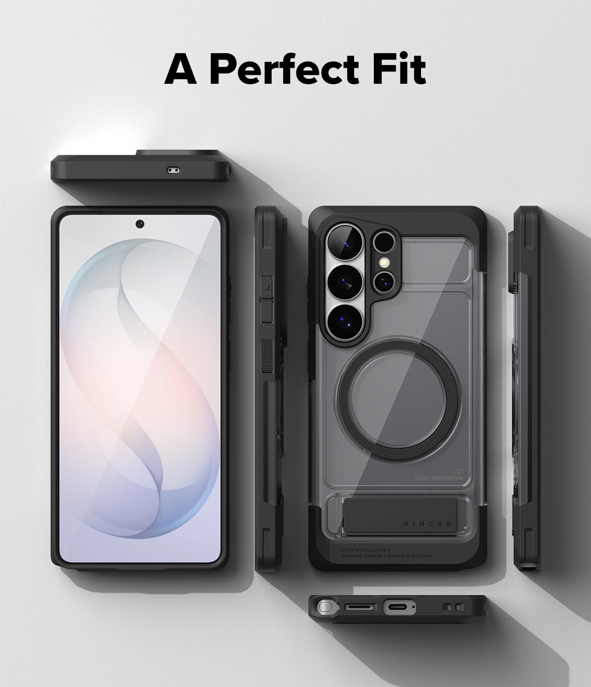 Galaxy S26 Ultra Case | UX Magnetic - Exploded view of a black magnetic phone case showing front, back, and side angles.