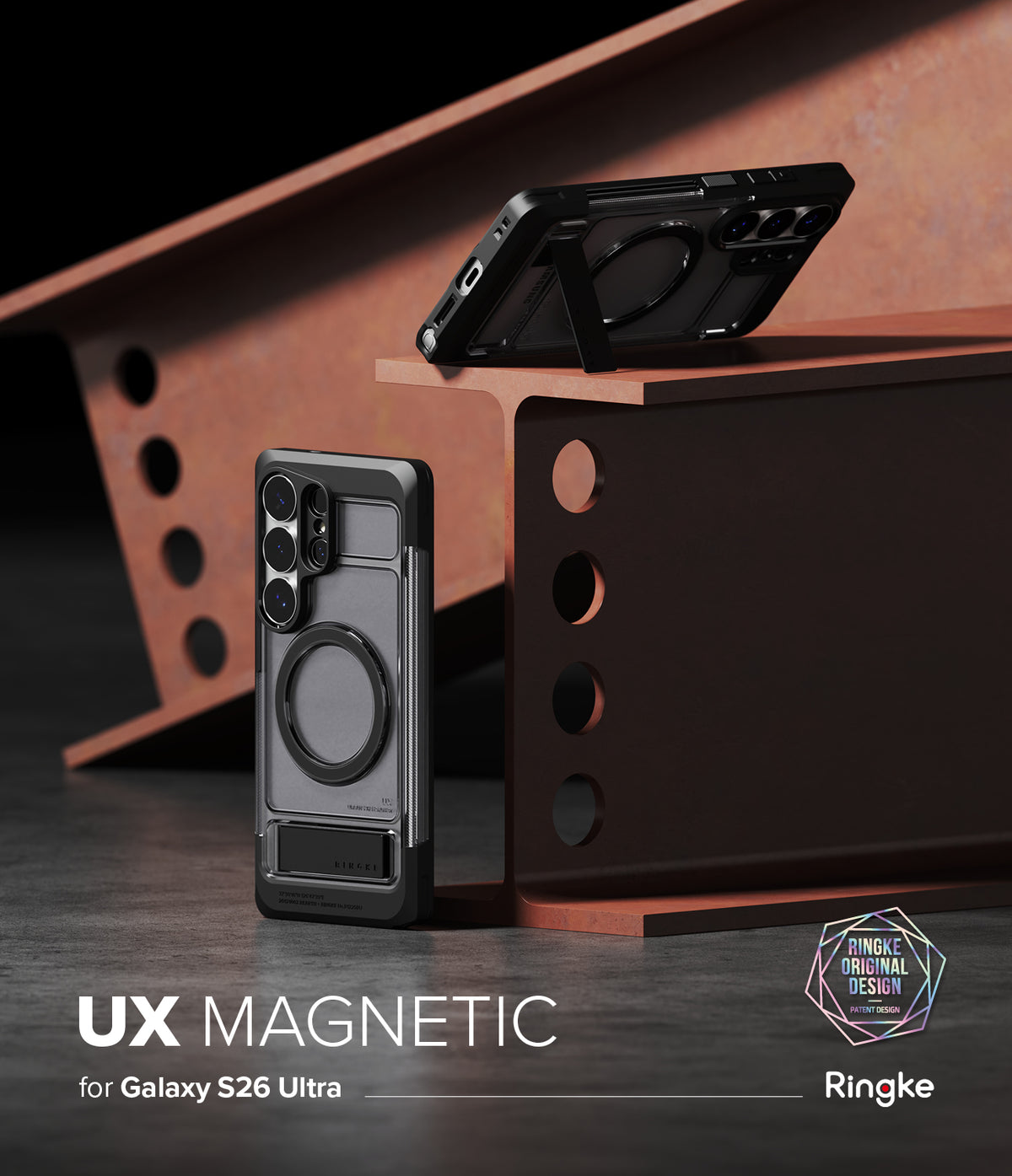 [Bundle] Galaxy S26 Ultra | UX Magnetic - Bundle Galaxy S26 Ultra | UX Magnetic - Two black magnetic phone cases with kickstands displayed on industrial steel beams.