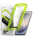 Galaxy S26 Screen Protector | Easy Slide Tempered Glass - Galaxy S26 Screen Protector - Bright green installation tray with tempered glass screen protector for Galaxy S26.