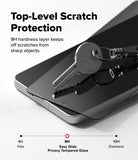 Galaxy S26 Screen Protector | Easy Slide Privacy Tempered Glass - Galaxy S26 Screen Protector - A metal key resting on a smartphone screen with a 9H tempered glass protector.