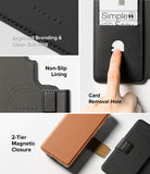 Galaxy S26 Cover | Folio Stand Wallet Magnetic - Galaxy S26 Cover - Features showing engraved branding, card slot with removal hole, non-slip lining, and magnetic closure.