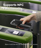 Galaxy S26 Cover | Folio Stand Wallet Magnetic - Hand holding a phone in a wallet case over a transit gate reader.