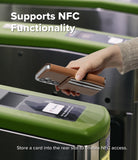 Galaxy S26 Cover | Folio Stand Wallet Magnetic - Galaxy S26 Cover - Hand holding a brown folio wallet phone case over a subway turnstile to demonstrate NFC card access.