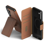 [Combo] Galaxy S26 | Folio Stand Wallet Magnetic + Onyx Magnetic - Brown leather folio wallet case and black magnetic case.