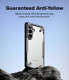 Galaxy S26 Case | Fusion-X - Black Fusion-X case on a rock against a blue sky, highlighting anti-yellowing TPU material.