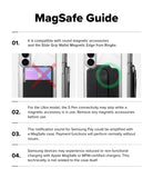 Galaxy S26 Case | Fusion Magnetic - Infographic showing MagSafe compatibility, S Pen warnings, and charging technicalities.