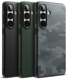 Galaxy S26 Case | Onyx - Three Galaxy S26 phone cases in black, dark green, and grey camouflage, showing back camera cutouts.