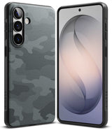 Galaxy S26 Case | Onyx - Front and back view of a smartphone in a textured grey camo case with a black frame.