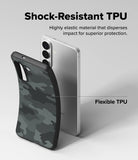 Galaxy S26 Case | Onyx - A silver smartphone being inserted into a flexible, black camouflage-patterned shock-resistant TPU case.