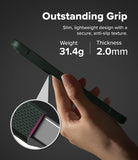 Galaxy S26 Case | Onyx - Hand holding a slim black phone case with a textured grip, highlighting 31.4g weight and 2.0mm thickness.