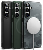 Galaxy S26 Case | Onyx Magnetic - Three Galaxy S26 cases in black, green, and camo, with a magnetic charger attached to the camo case.