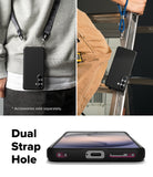 Galaxy S26 Case | Onyx Magnetic - Black phone case with dual strap holes shown worn on a lanyard and attached to a ladder.