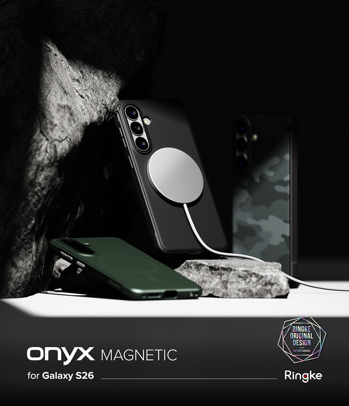 [Bundle] Galaxy S26 | Onyx Magnetic - Three Galaxy S26 cases in black, green, and camo displayed with a magnetic charger on a stone surface.