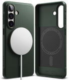 Galaxy S26 Case | Onyx Magnetic - Dark green phone case with magnetic charger attached and interior view showing branding.