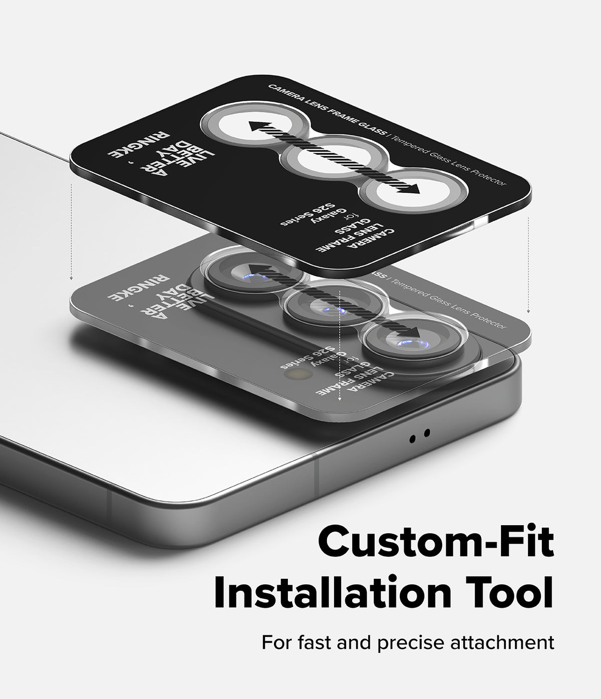 [Bundle] Galaxy S26 Plus | Onyx Magnetic - Galaxy S26 Plus | Onyx Magnetic - Installation tool aligning tempered glass lens protectors onto a smartphone camera.