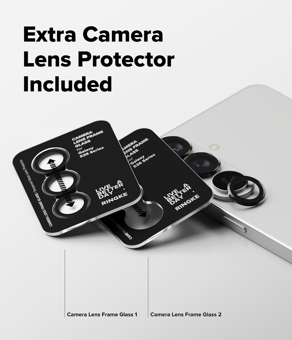 [Bundle] Galaxy S26 Plus | Silicone Magnetic - Bundle Galaxy S26 Plus | Silicone Magnetic - Two black camera lens protector sets next to a silver smartphone.