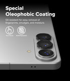 Galaxy S26 Plus / S26 | Camera Lens Frame Glass - Close-up of phone camera lenses with oleophobic coating text overlay.