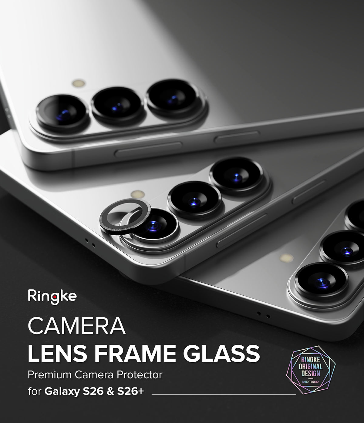 [Bundle] Galaxy S26 Plus | Onyx - Onyx camera lens frame glass protectors being applied to the triple-lens array of a silver smartphone.