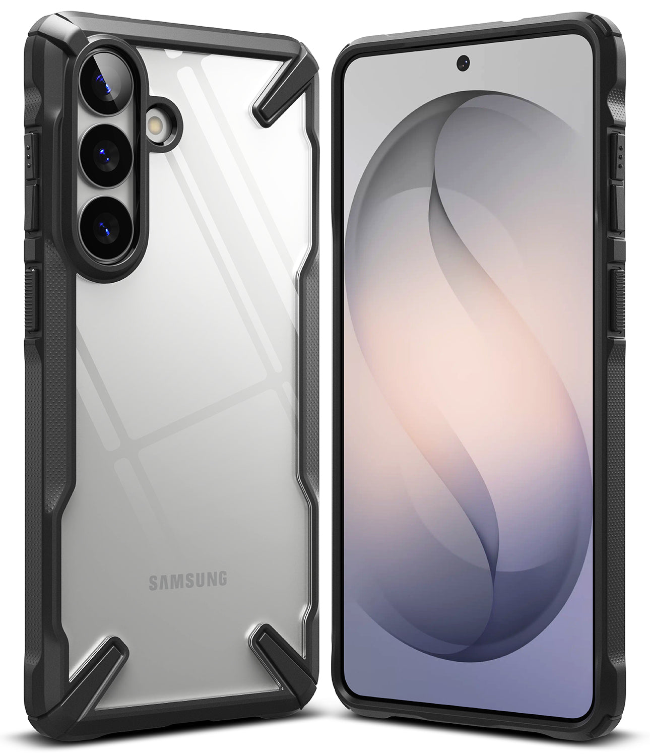 Galaxy S26 Plus Case | Fusion-X - Black rugged protective case with clear back shown from front and rear angles.