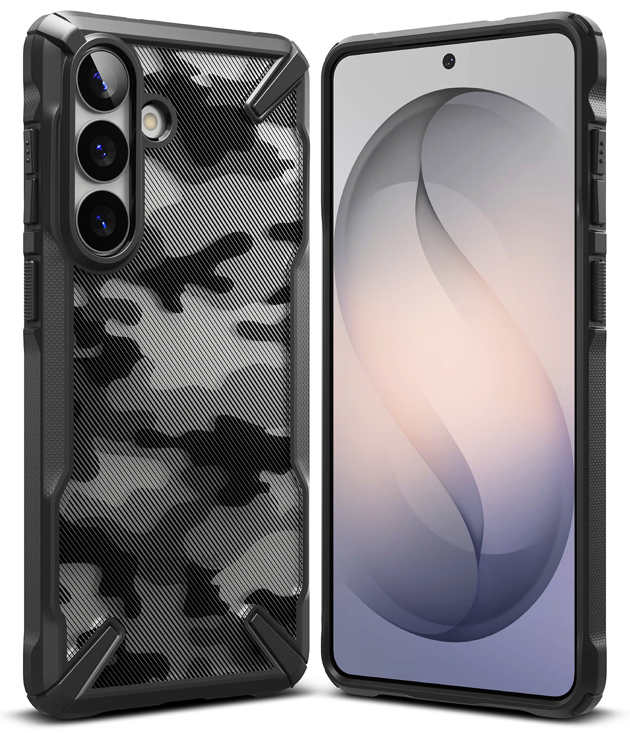 Galaxy S26 Plus Case | Fusion-X - Rugged black phone case with a camo back panel shown from front and rear angles.