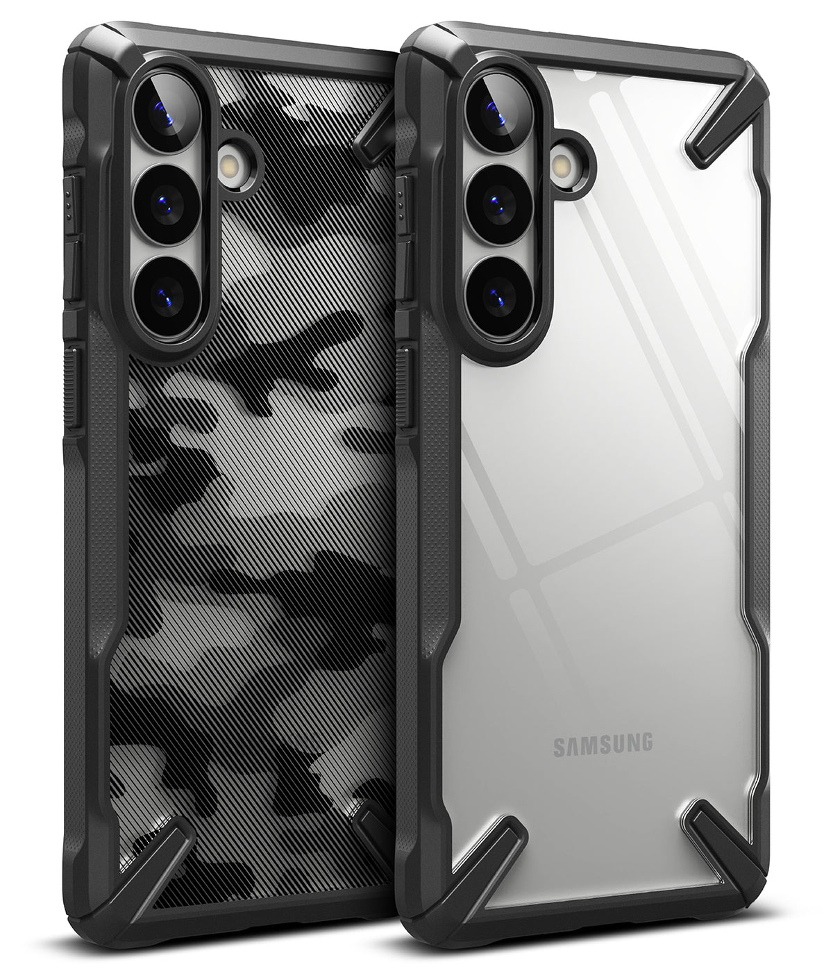 Galaxy S26 Plus Case | Fusion-X - Two rugged phone cases, one with camo pattern and one clear, showing triple camera cutouts.