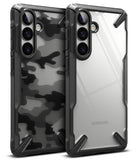 Galaxy S26 Case | Fusion-X - Two Galaxy S26 phones in black Fusion-X cases, one with a camo pattern and one clear back.