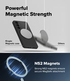 Galaxy S26 Case | Silicone Magnetic - A black phone case securely held by a magnet, contrasting with a falling phone.